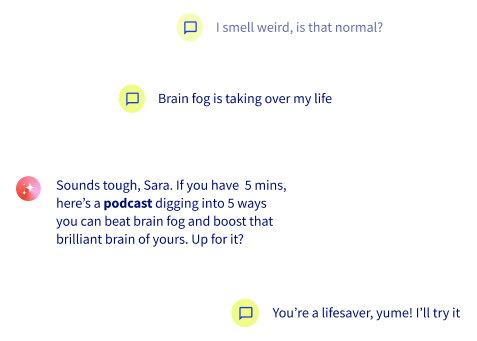 YUME chat interface showing personalized support conversation
