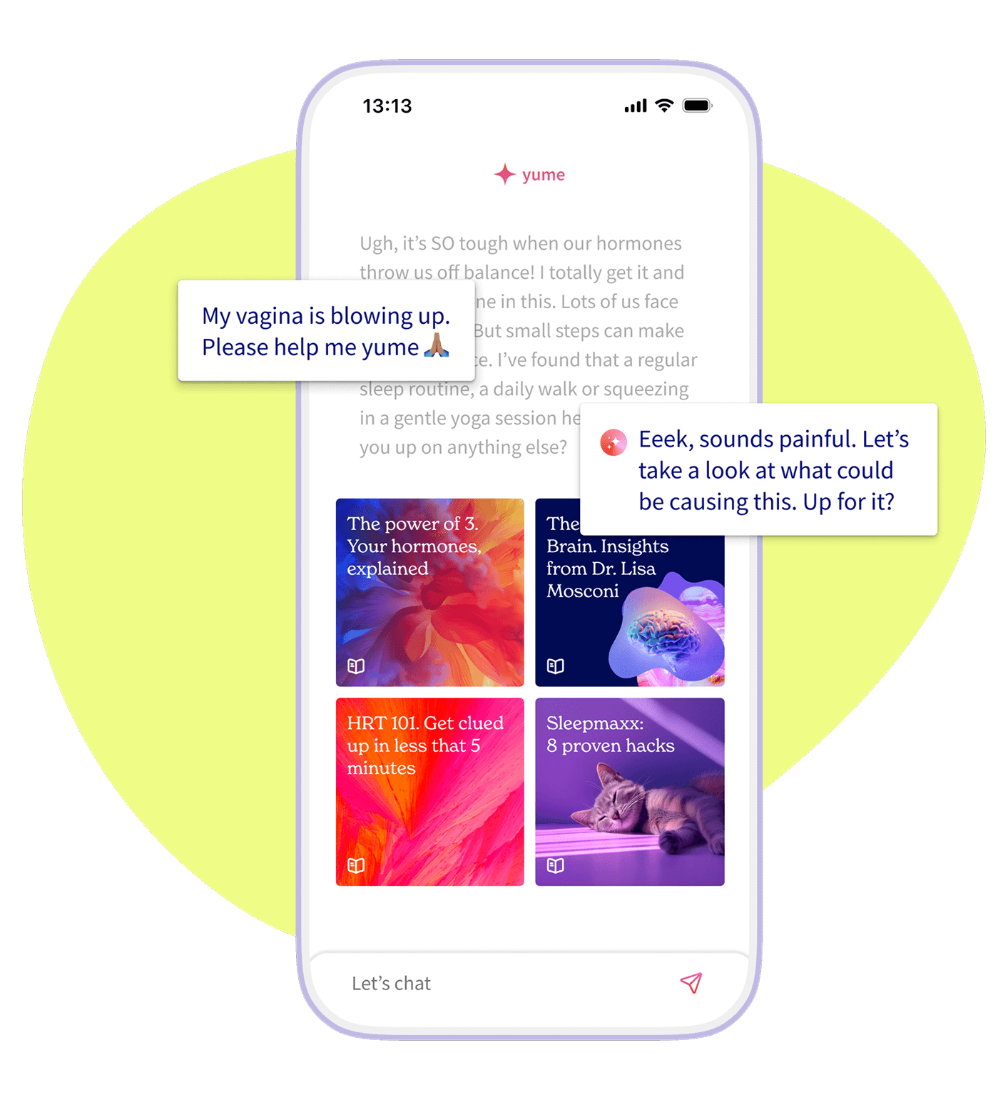 YUME app interface showing personalized health insights