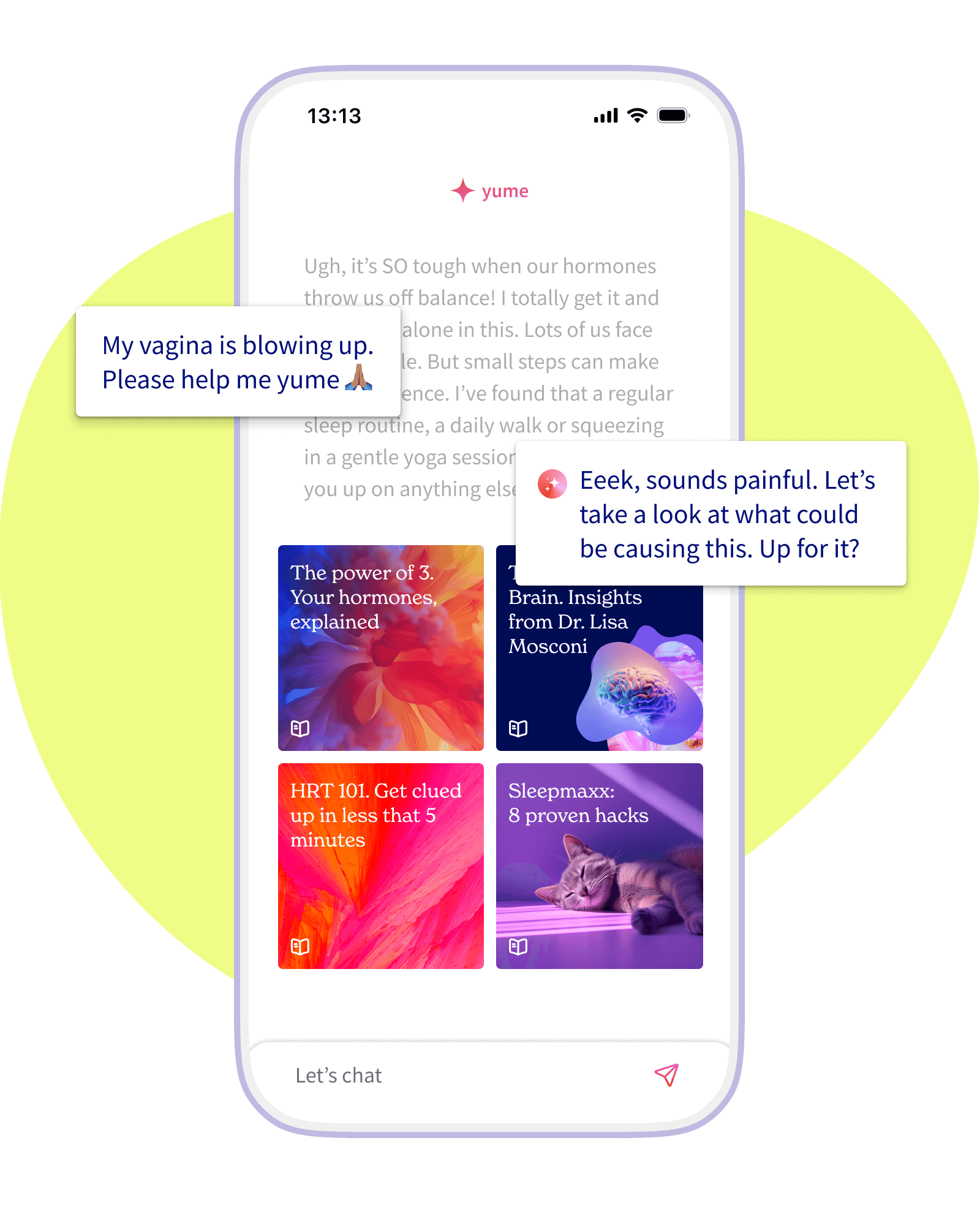 YUME app interface showing personalized health insights