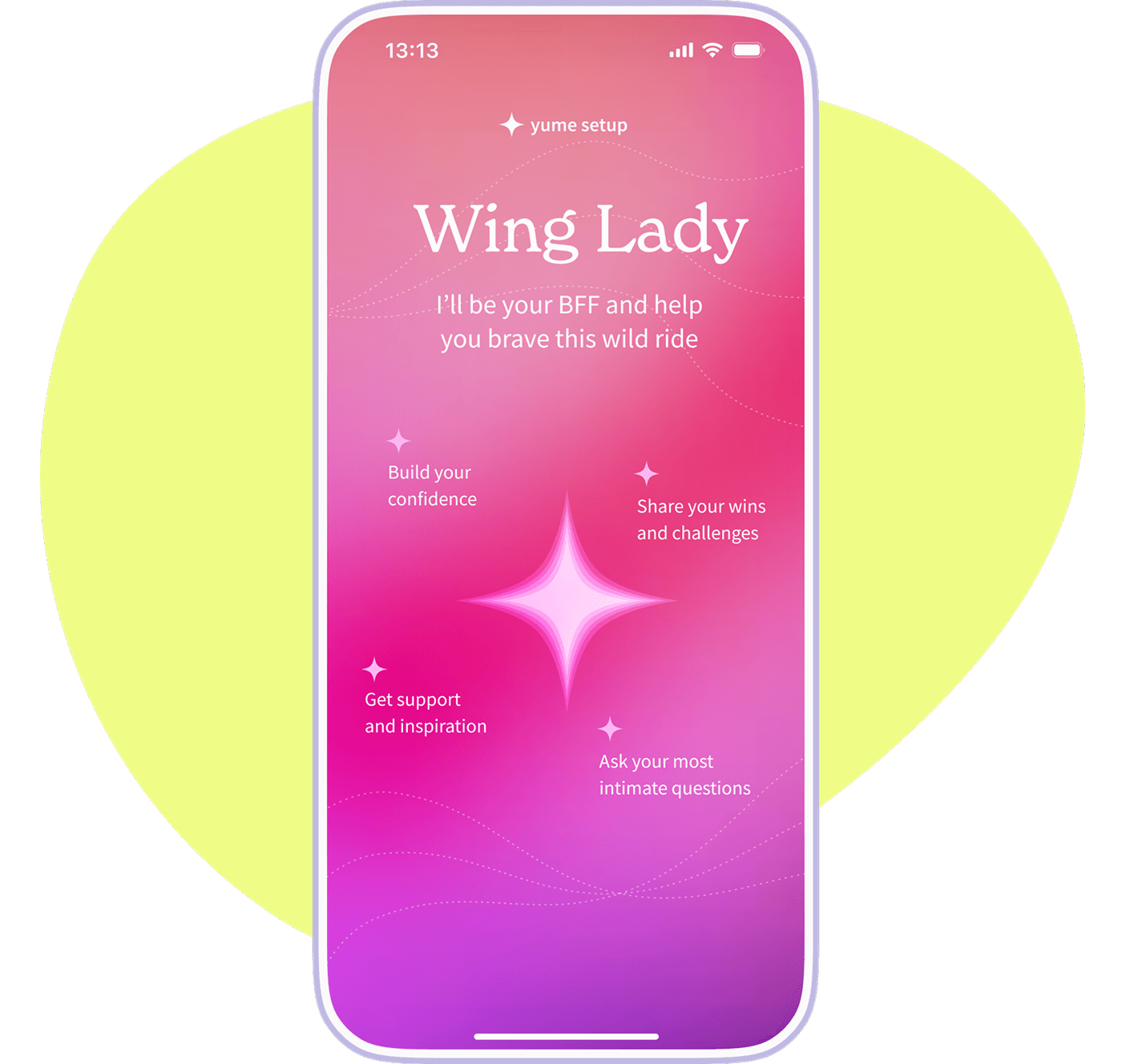 YUME app interface showing Wing Lady support and encouragement